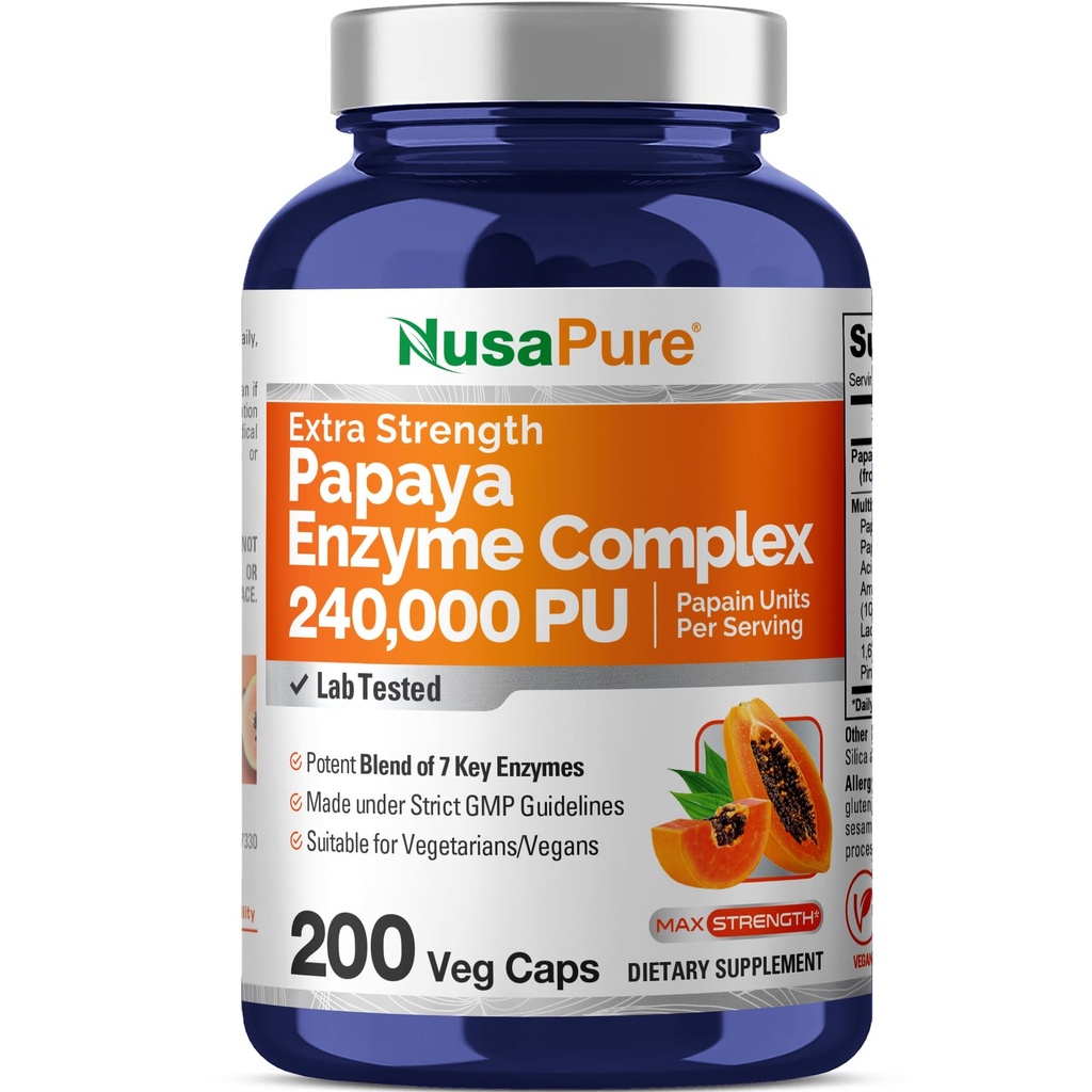 NusaPure Papaya Papain Enzyme Complex 240,000 PU - 200 Veggie Caps - 100% צמחוני, non-GMO