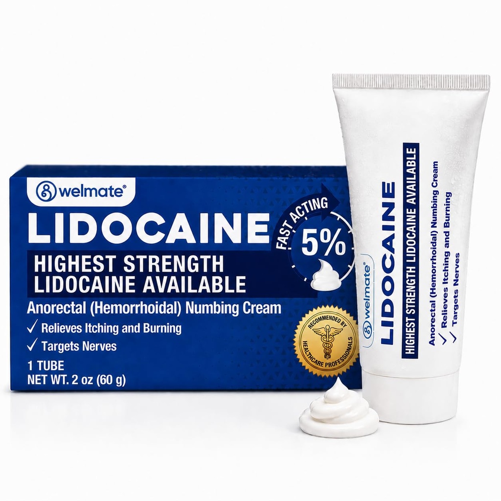WeLMATE - 5% Lidocaine Numbing Cream, 2oz (60g) - קרם כוח מקסימלי Lidocaine Cream - Hmorrhoid הקלה - שימוש חיצוני Anesthetic, ויטמין E - גידול ילדים - נושא עור