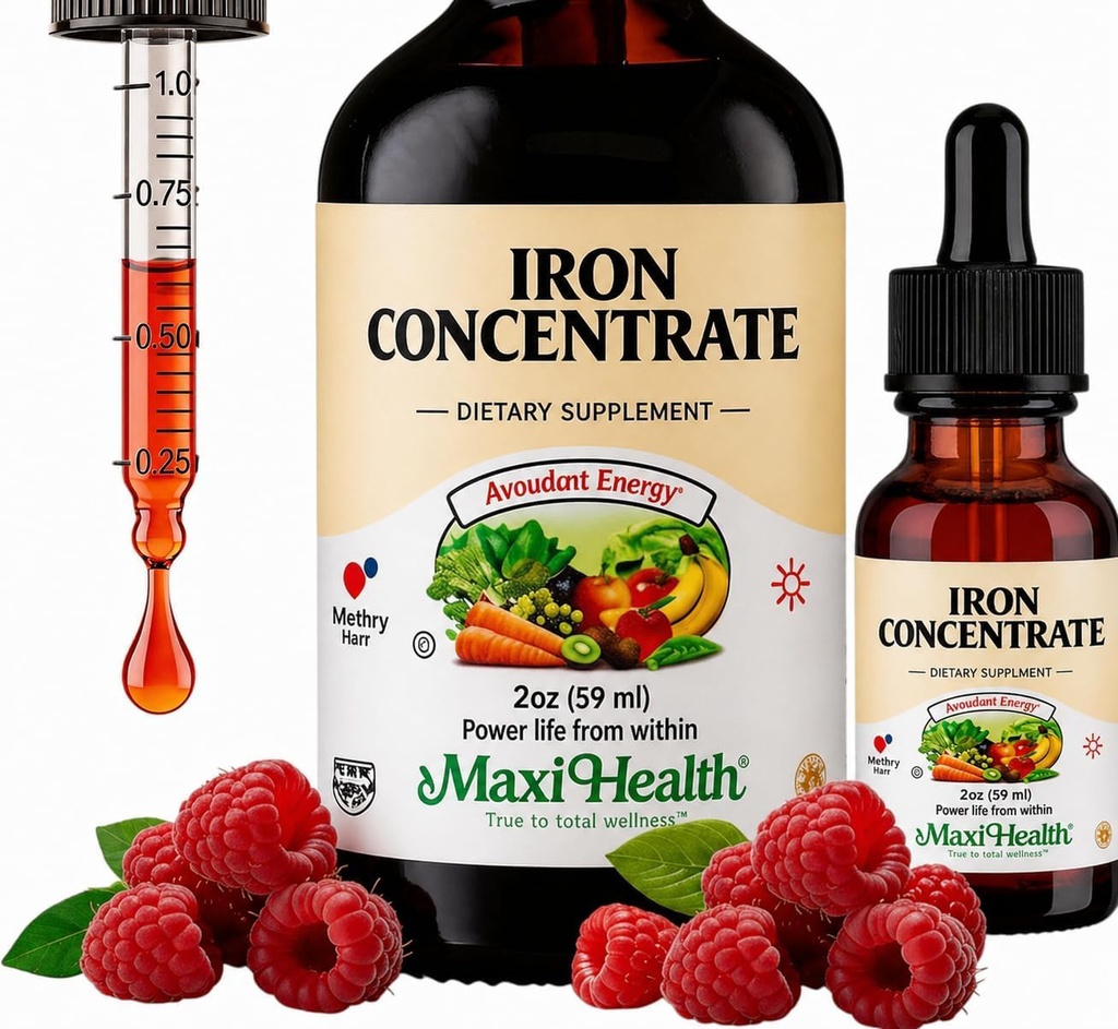Maxi Health Women, Men and Kids Liquid Iron Supplement - 15 מ"ג Per ML ברי פלאבורד - Easy to Mix for Immediate Absorption - להגדיל את האנרגיה ללא נוואטה - 2 fl Ounces