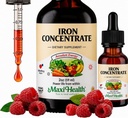 Maxi Health Women, Men and Kids Liquid Iron Supplement - 15 מ"ג Per ML ברי פלאבורד - Easy to Mix for Immediate Absorption - להגדיל את האנרגיה ללא נוואטה - 2 fl Ounces