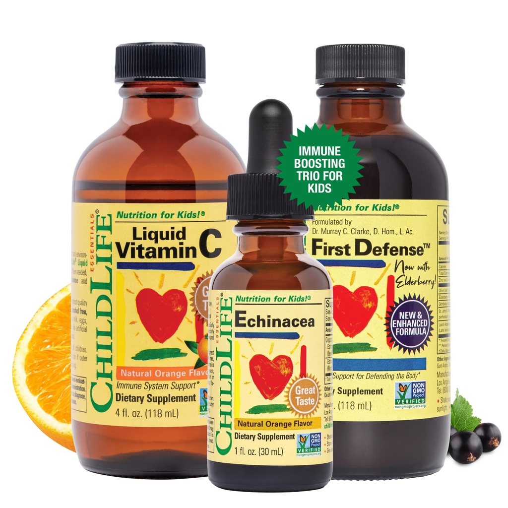 CHILDLIFE ESSENTIALS Immune Support 3Pack - ויטמין C נוזלי, הגנה ראשונה ו- Echinacea - Immune Boosting תוספים לתינוקות, טודלרים וילדים