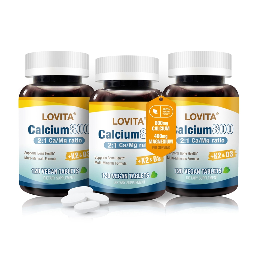 Lovita Calcium Citrate 800 מ"ג עם Magnesium, ויטמין D3 & K2,עצמות עצם והכחשה תוספת לנשים וגברים, תמיכה שיניים, בריאות החיסון, Gluten Free, non-GMO, 360 טבליות טבעוניות