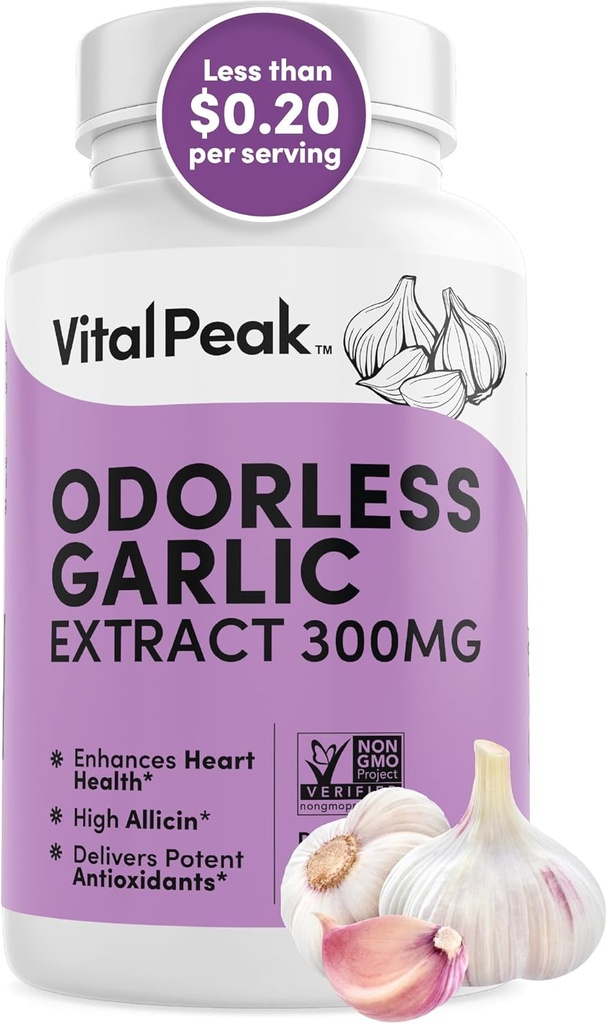 אודורless Garlic Extract - Allicin-Rich 300 מ"ג Herbal Garlic תוספי for Heart, Liver, Immune Support I Non-GMO, Gluten-Free, טבעוני - 90 Garlic כמוסות