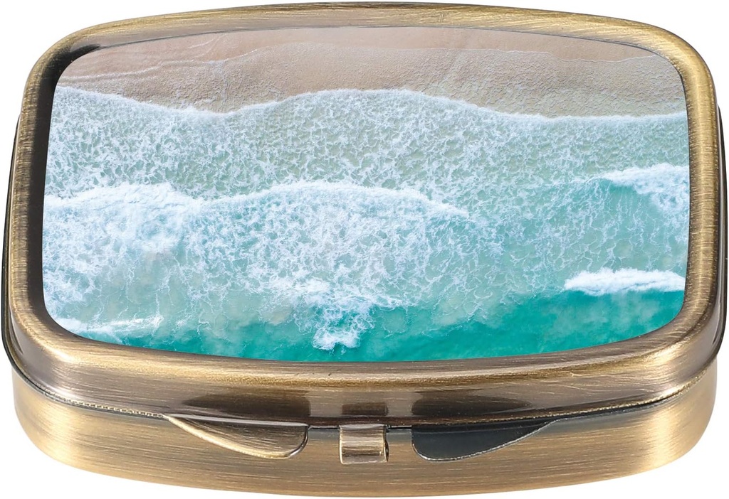 Dinippy Pill Pill Box with Mirror Retro Pocket 2 השוואתי תרופות מקרה ויטמין גלולות מארגנת עבור Pocket Purse וTravel (A-Sandy Beach)