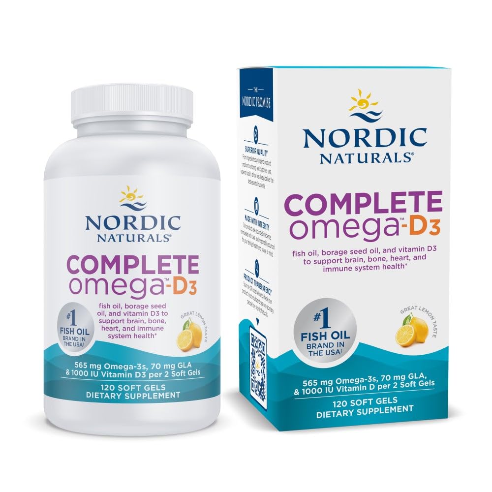 Nordic Naturals Complete אומגה-D3, Lemon Flavor - 120 Soft Gels - 565 מ"ג אומגה 3 + 70 מ"ג GLA + 1000 IU ויטמין D3 - EPA & DHA - עור בריא, קוגניציה, חיובי Mood - לא-GMO - 60 משרתים