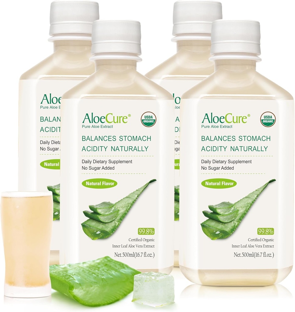 AloeCure USDA אורגני Aloe Vera Juice מיוצר בתוך 12 Hrs של קציר - טהור Aloe Juice Natural Digest תוסף לתמיכה Digestion, Immune System ו Balanced Stomach Acidity, 4 x 500 מ"ל בקבוקים