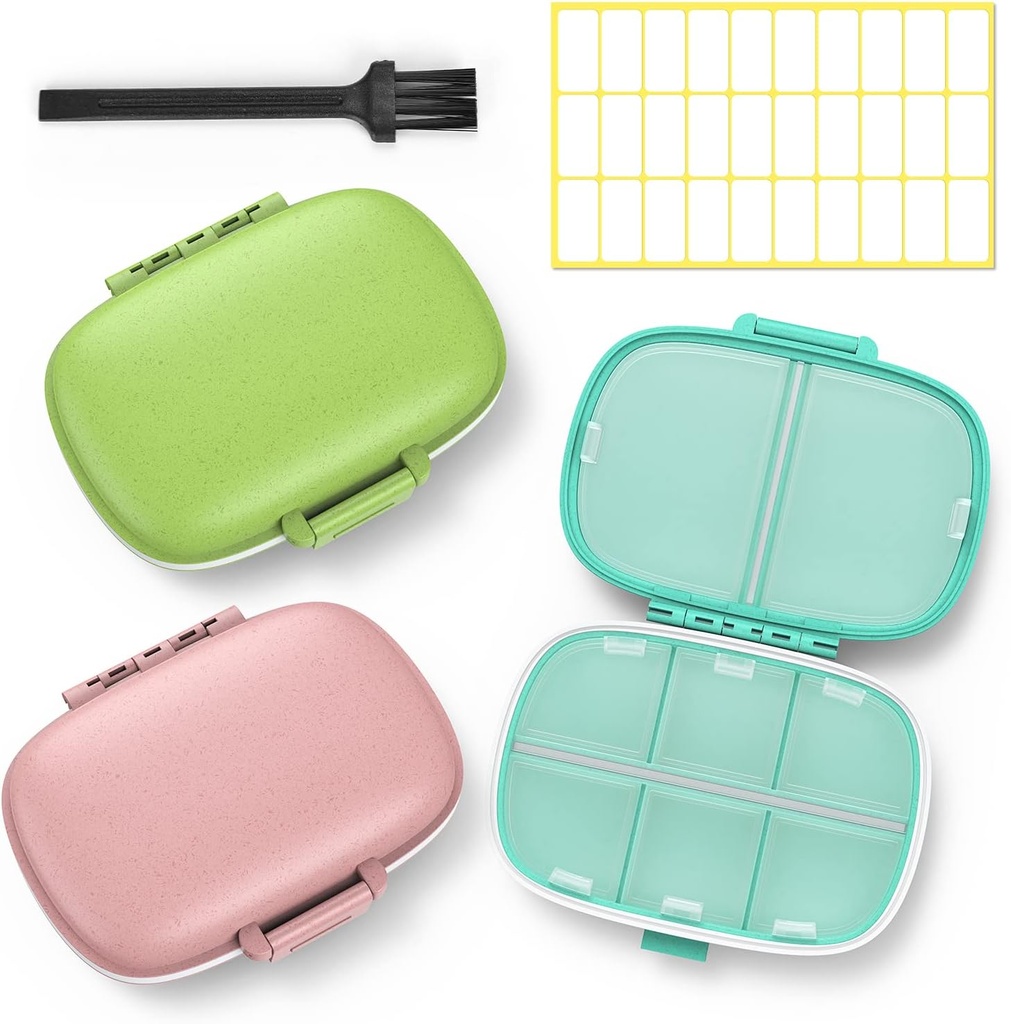 3 Pack 8 השוואתי Travel Pill Box,Pill מארגנת 7 ימים Moisture Proof Small Pill Case for Pocket Purse Daily Portable Medicine Holder Container (Pink+ Blue+Green)