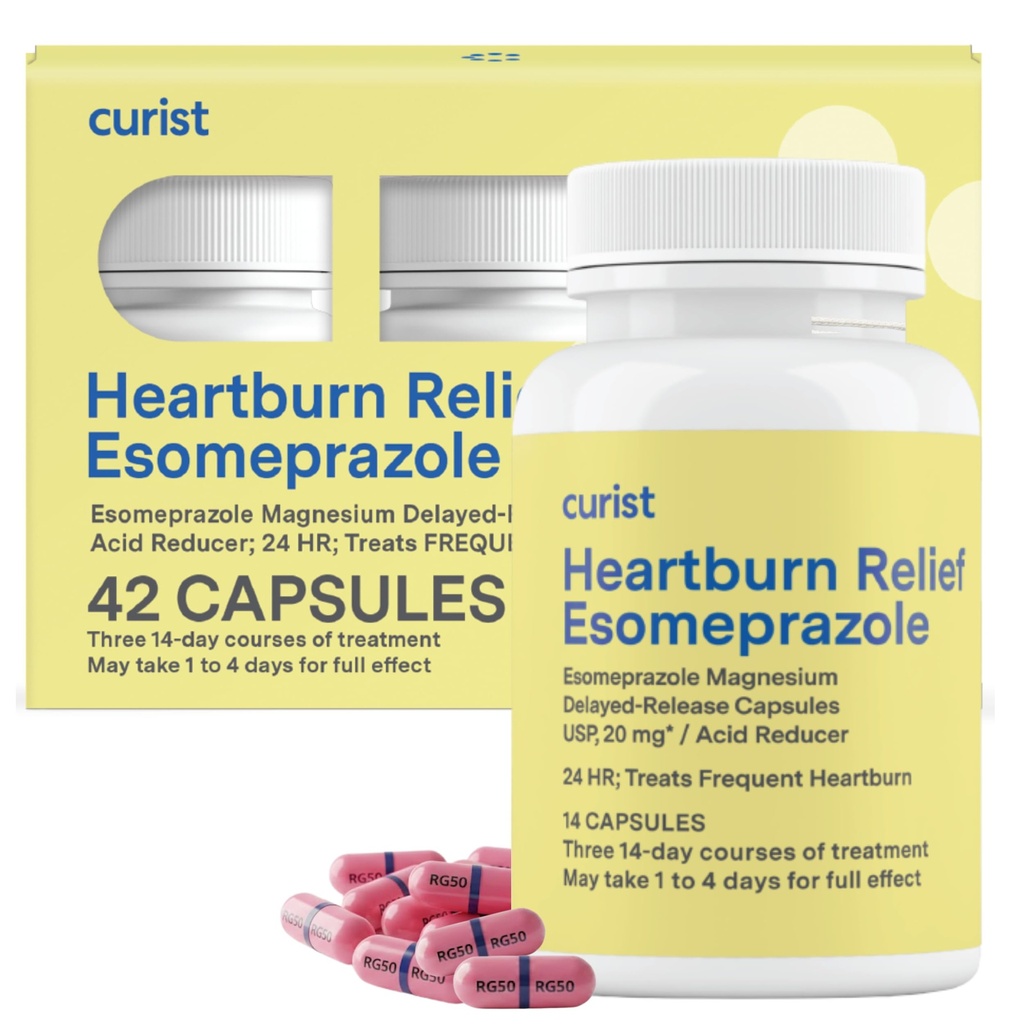 Curist Esomeprazole 20 מ"ג קפסולות נדחה - Acid Reflux Medicine for Heartburn Relief - 42 Count כמוסות - Acid Reflux הקלה