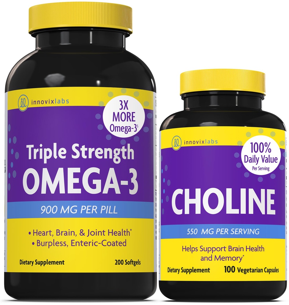 InnovixLabs Choline & Triple אומגה 3 Bundle Choline Bitartrate 550 מ"ג (100 קפסולות) אומגה משולשת (200 Softgels). תמיכה בזיכרון, Mood, Brain Health & Boost Cognitive