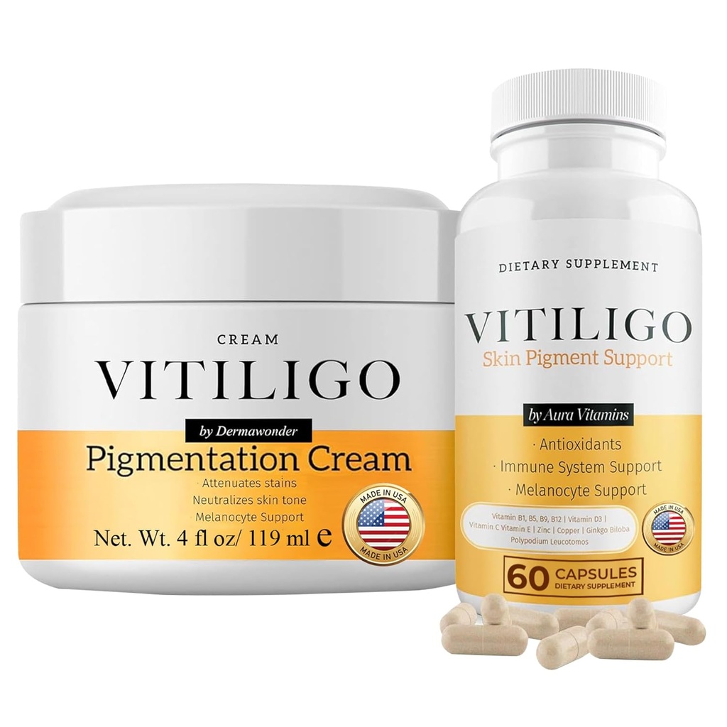 Dermawonder Vitiligo תוסף & Pigmentation Cream Set | 60 אבקת Vitiligo קפסולות ו- 4fl Oz Cream | הקטנת כתמים לבנים, שיפור החזירות והניטראליזציה של העור טונה | פתרון טבעי (1)