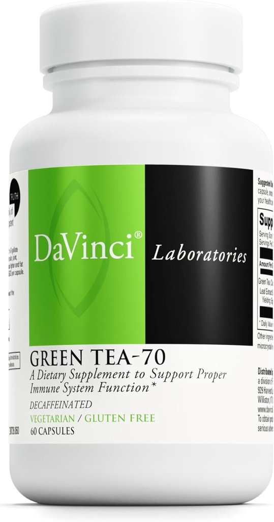 DaVinci Labs Green Tea-70 - תוספת תזונתית לתמיכה במערכת החיסון, בריאות Cardiovascular ו Cholesterol בריאות - עם הפקת תה ירוק - Decaffeinated - Gluten-Free -60 קפסולות צמחוניות