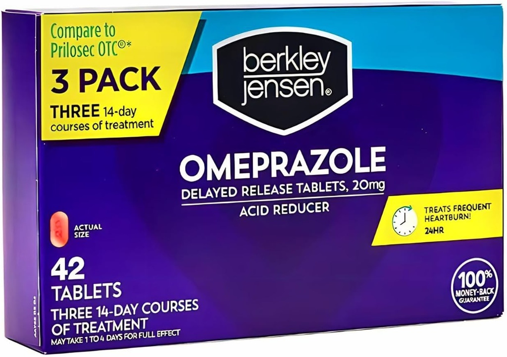 berkley jensen Omeprazole 20 מ"ג נדחה טבליות - Heartburn Medicine- Acidductionr Pills - Treats Frequent Heartburn - 3 x 14-Day קורסים, 42 Total (Pack of 1)
