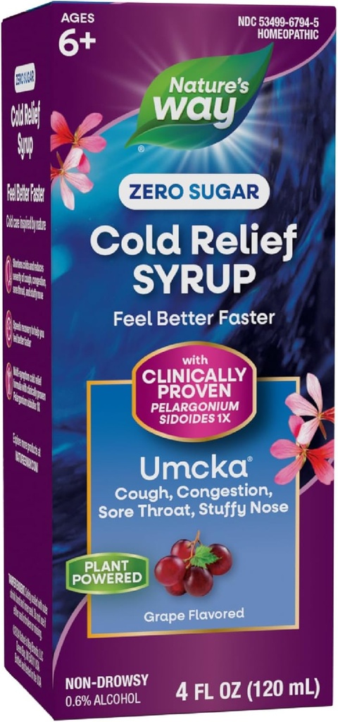 Nature's Way Cold Relief Zero Sugar Syrup, Umcka, Homeopathic, Shortens Coldens Colds, Soreגרון, Cough, Comestion, Stuffy Nose, Phenylephrine חינם, Grape Flavored, 4 Fl Oz (Packaging May Vary)