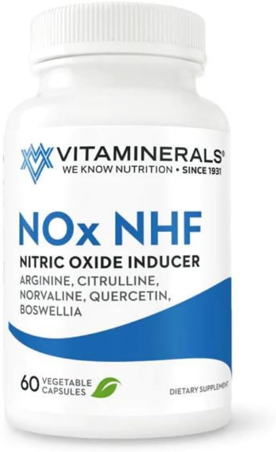 ויטמינים 122 NOx NHF L-arginine, L-citrulline, L Norvaline Plus B6, Quercetin, White Willow, Boswellia & Enmes | 60 Veggie caps | 30 משרתים