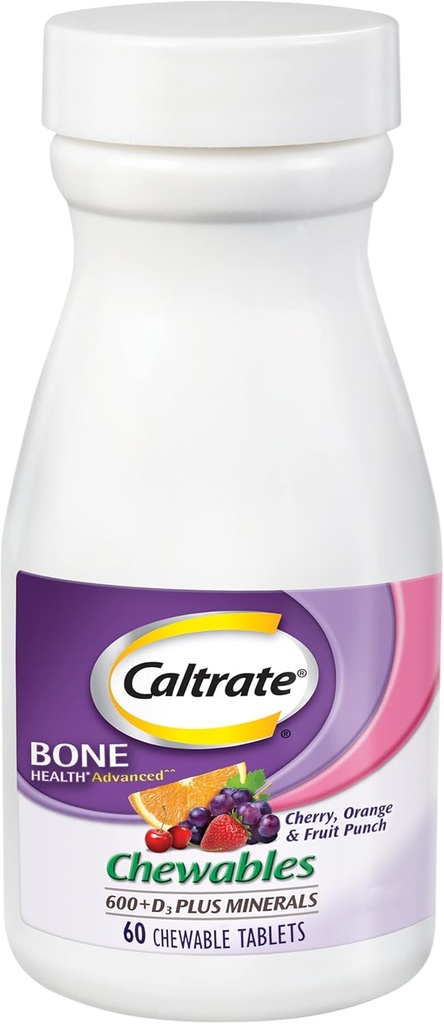 Caltrate Chewables 600 Plus D3 Plus מינרלים Calcium ויטמין D, דובדבן, כתום ופירות Punch - 60 הרוזן