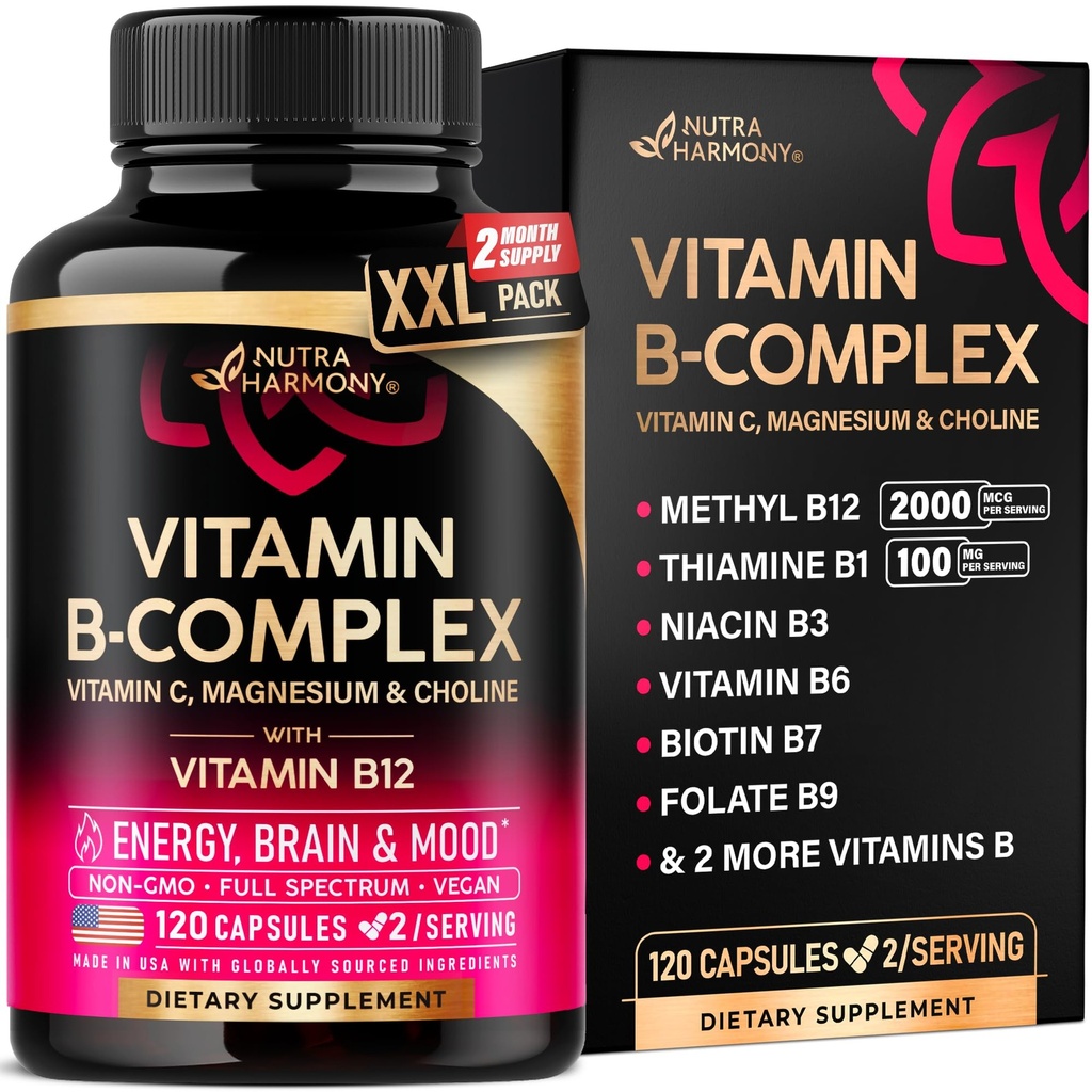 ויטמין B Complex for Men & Women - Made in USA - B-Complex: B1, B2, B3, B5, B7, B8, B9, B12 עם ויטמין C, Choline, Inositol - אנרגיה, Brain & Heart Support, תוסף 120 קפסולות טבעוניות