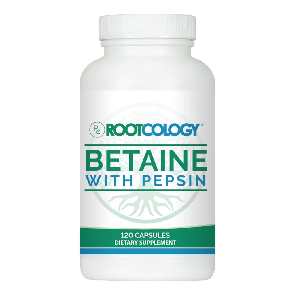 Rootcology על ידי ד"ר איזבלה Wentz | Betaine with Pepsin | 750 מ"ג Betaine HCl עם 50 מ"ג פפין לתמיכה ב העיכול | 120 קפסולות