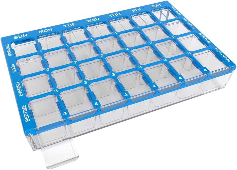 EZY DOSE Pill מארגנת שבועי (7 ימים), רפואת פלאנר, ויטמין Box, השוואות קטנות עם Easy Fill Tray Case, 4 פעמים ביום, Easy to Use Containers, Clear Lids, Blue, BPA Free