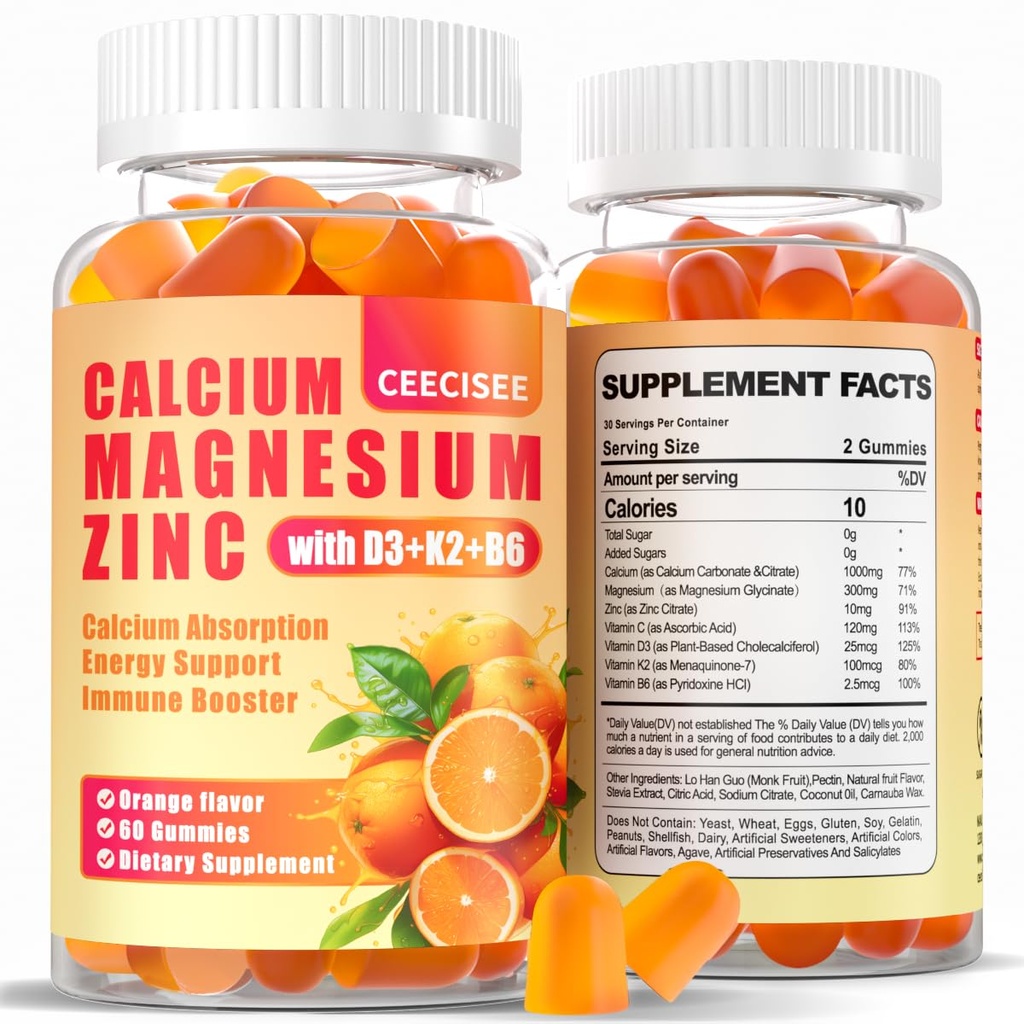Calcium Magnesium Zinc Gummies עם D3 &B6 &K2,1000 מ"ג Calcium חניכיים עם 300 מ"ג מגנזיום תמיכה אנרגיה עבור מבוגרים ומתבגרים,Sugar חינם (120Count)