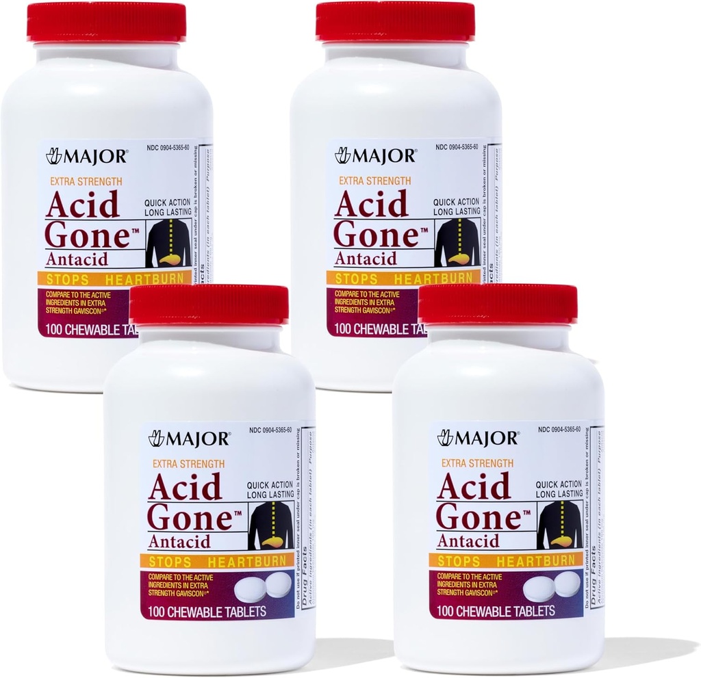 Major Acid Gone Another Power Antacid Chewable Tablets - Anti-Acid Relief - Acid Reflux Medicine for Adults - Upset Stomach, Acid Indigestion, and Heartburn Relief - Long-Lasting - 100-Count (4 Pack)