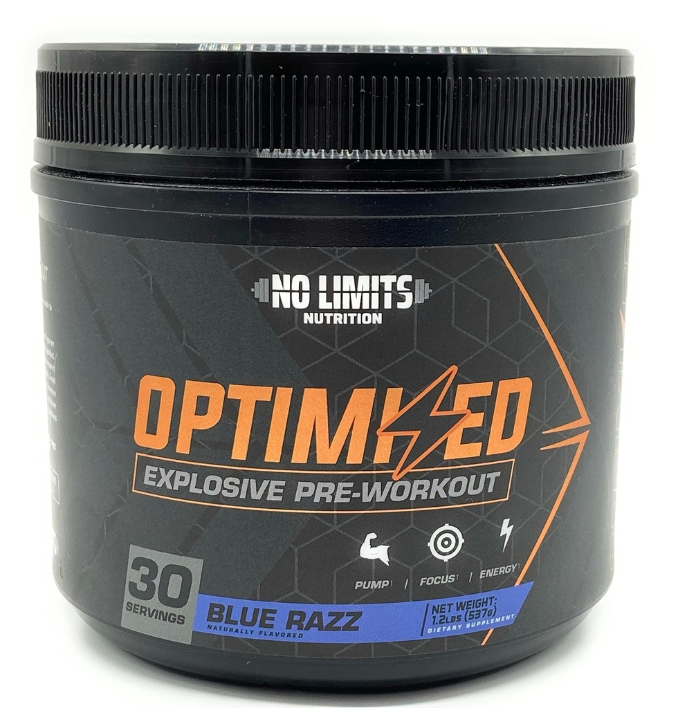 "Optimized" Blue Razz Pre-Workout אבקת / Massive Pumps / הגדלת מסת שריר, כוח להתמקד / Beta Alanine + L-Citrulline + Betaine Anhydrous + Creatine + Caffeine Anhydrous / 30 משרתים