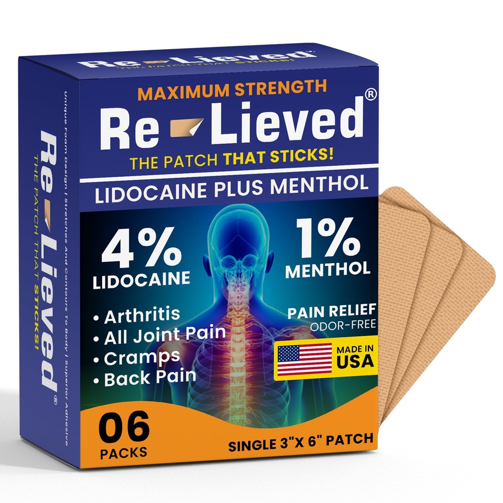 Re-lieved 4% Lidocaine Patches עם Menthol - כוח מקסימלי כאב הקלה עבור Back, Knee & כאבי שרירים - Fast-Acting Medicated Patches - Made in USA - 6 Count