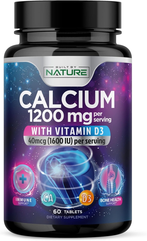 Calcium 1200 מ"ג עם ויטמין D3 עבור Best Absorption - תוסף תמיכה העצם מתקדם, 1200 מ"ג Calcium Carbonate & 1600 IU ויטמין D3, שחרור איטי עבור תמיכה החיסון, קל ל Swallow, 60 טבליות