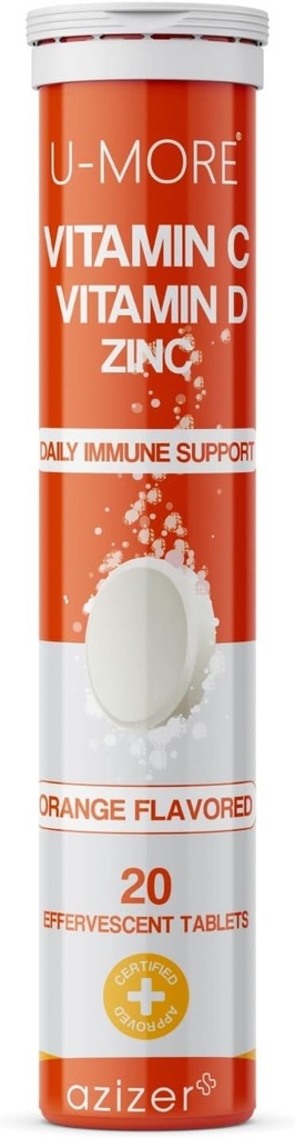 U-MORE ויטמין C 1000mg & Zinc + ויטמין D, 20 טבליות Efferscent, Orange Flavor, Immune Support Supplement, Fast Disting, Boosts Immune System, תומך עור בריא, שיער וציפורים