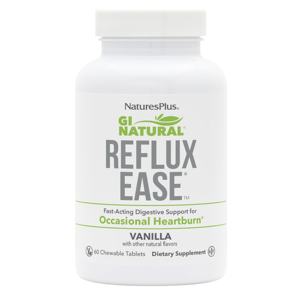 Natures Plus GI Natural Reflux Ease, Vanilla - 60 טבליות Chewable - תמיכה מהירה פעילות גופנית - Vegetarian, Gluten Free - 60 משרתים