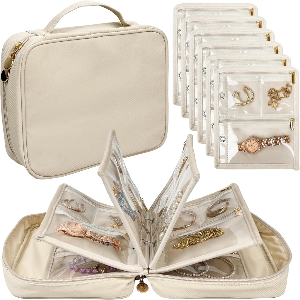 תכשיטים נסיעות מארגנת מקרה, Jewelry Bags תכשיטים אחסון ספר Binder עם Clear Zipper Velvet Pouch עבור נסיעות, שלשולים, טבעות, תכשיטים, Bracelet (לבן)