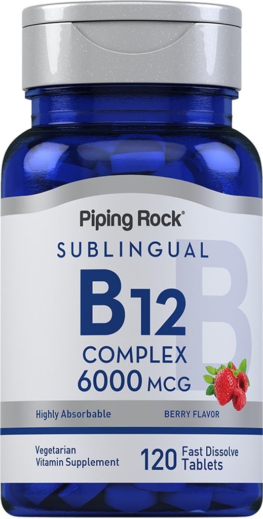 Piping Rock Sublingual B12 Complex 6000 mcg | 120 טבליות לדיסקלוט מהיר / ברי פלאפור | Vegetarian, non-GMO & Gluten Free