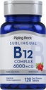 Piping Rock Sublingual B12 Complex 6000 mcg | 120 טבליות לדיסקלוט מהיר / ברי פלאפור | Vegetarian, non-GMO & Gluten Free