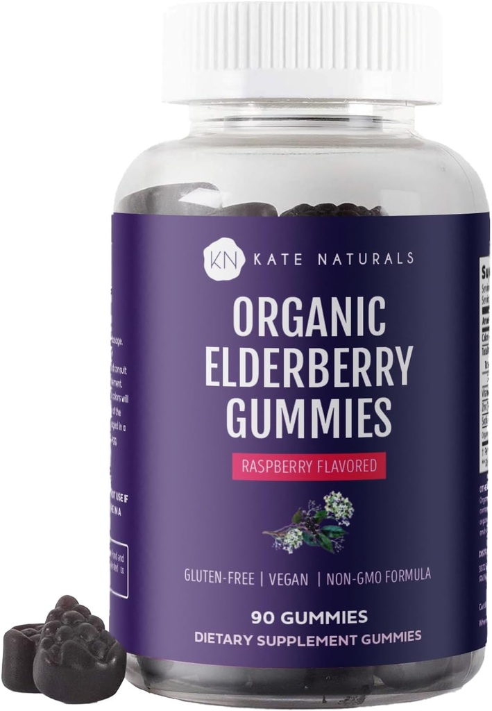 קייט Naturals Elderberry חניכיים עם ויטמין C ו Zinc למבוגרים וילדים. Tasty Sambucus Elderberry Gummies for Immune Support (90 חניכיים, 45 יום אספקה, אורגני)