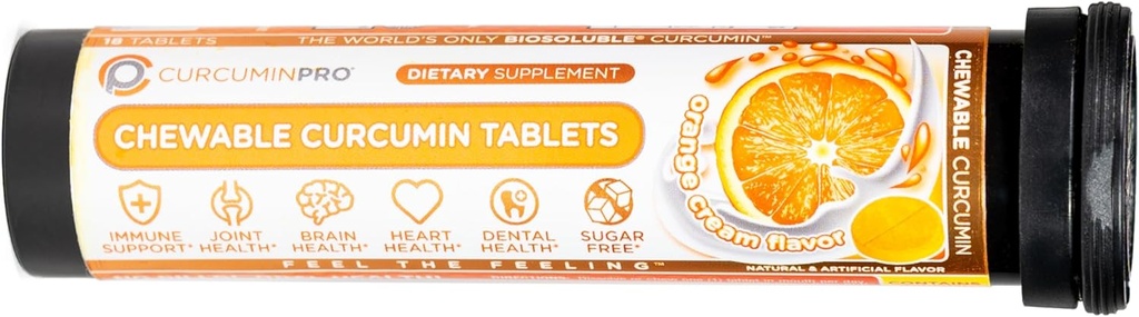 טבליות Chewable: BioSoluble Organic Turmeric Curcumin | Sugar-Free | תמיכה בתנועה | 18 Count | Orange Cream Flavor