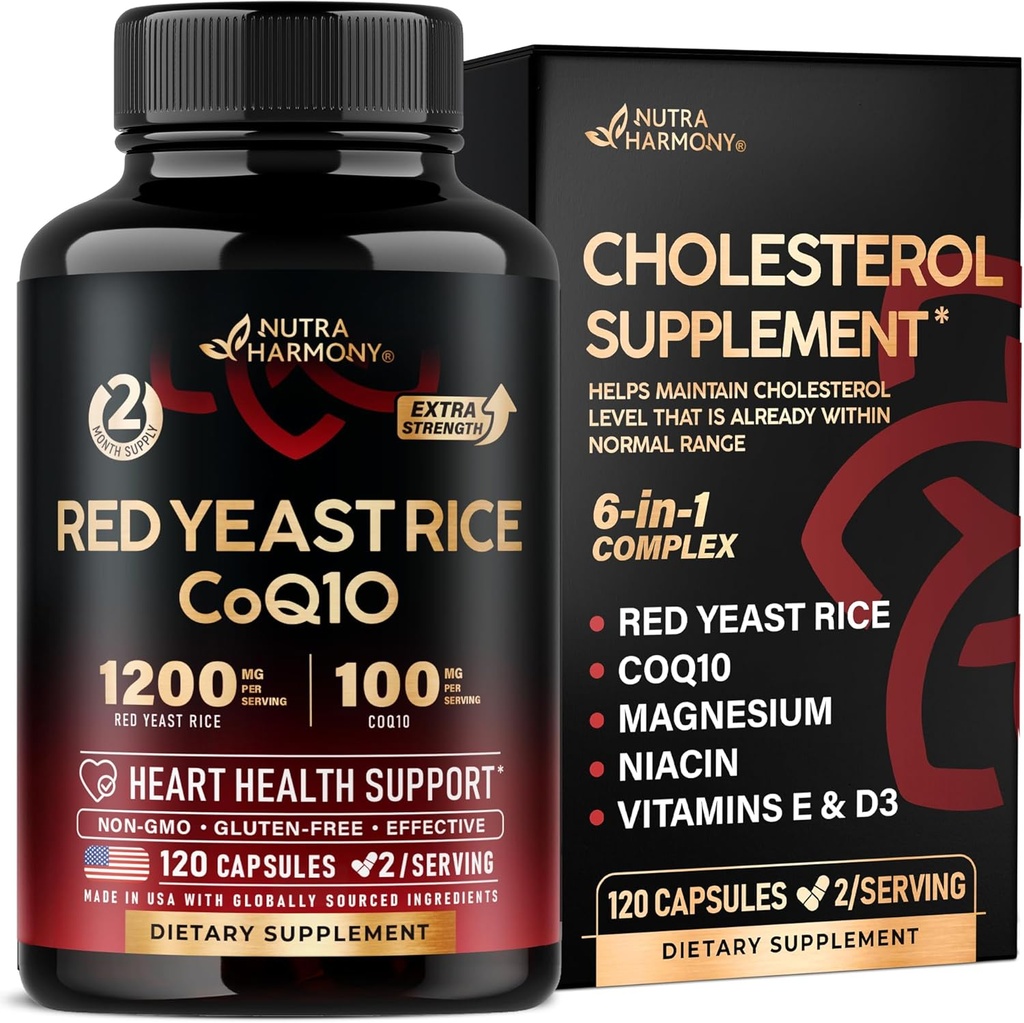 Red Yeast Rice 1200 מ"ג עם CoQ10 100 מ"ג - עם Magnesium | Niacin | ויטמין E & D3 - Heart Health Support, Energy & Metabolism - יעיל, Flush-free & Laboratoryed - Made in USA, 120 קפסולות