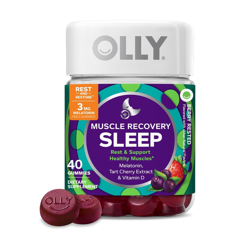 OLLY Muscle Recovery Gummies, Sleep and Sore שריר תמיכה, 3 מ"ג מלטונין, Tart Cherry, ויטמין D, ברי פלפור - 40 Count