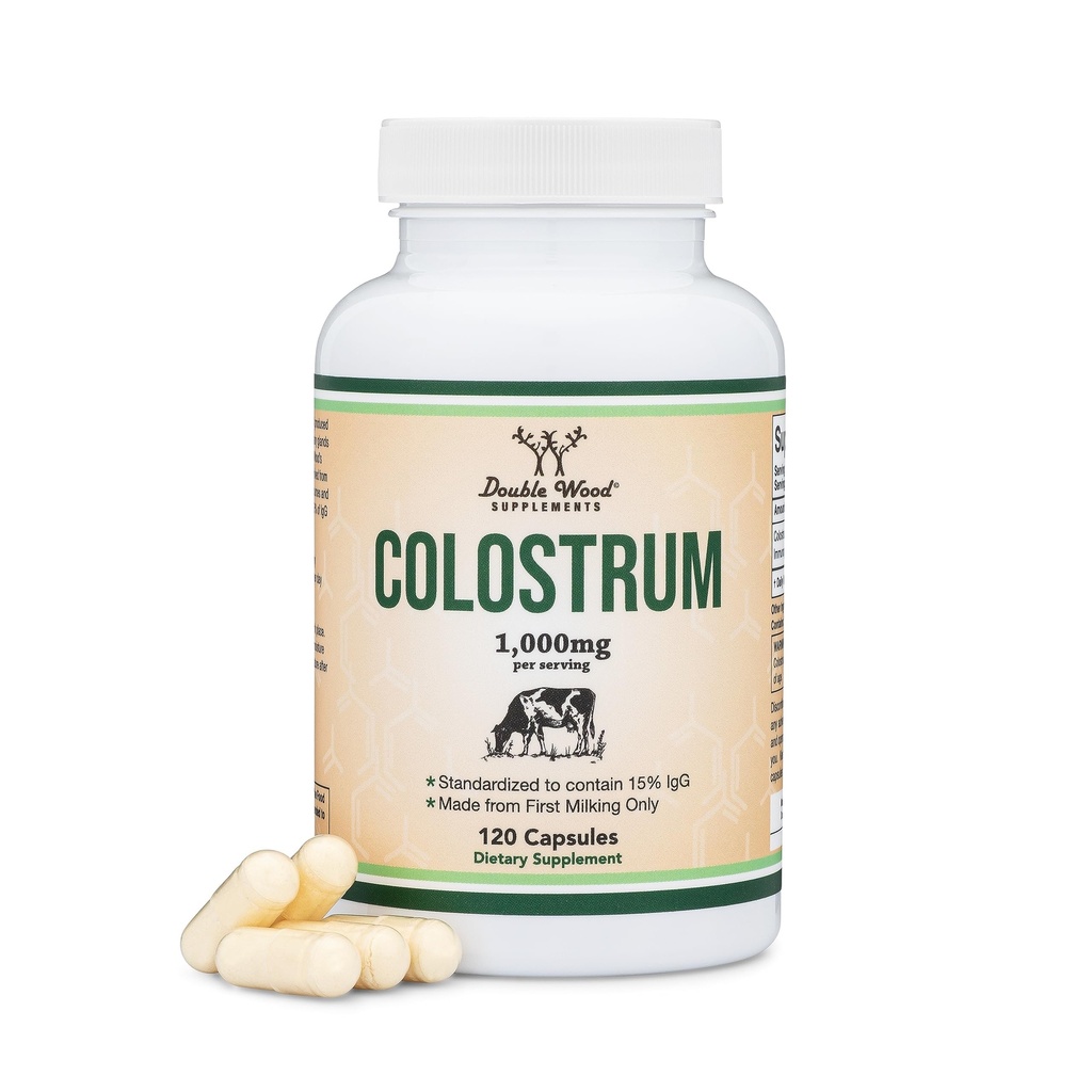 תוסף Colostrum 120 קפסולות, 1000 מ"ג למנה (בולת קולוסטרום מבחל הראשון בלבד, Std. ל 15% IgG Immunoglobulins) No Fillers, צד שלישי נבדק על ידי Double Wood Wood