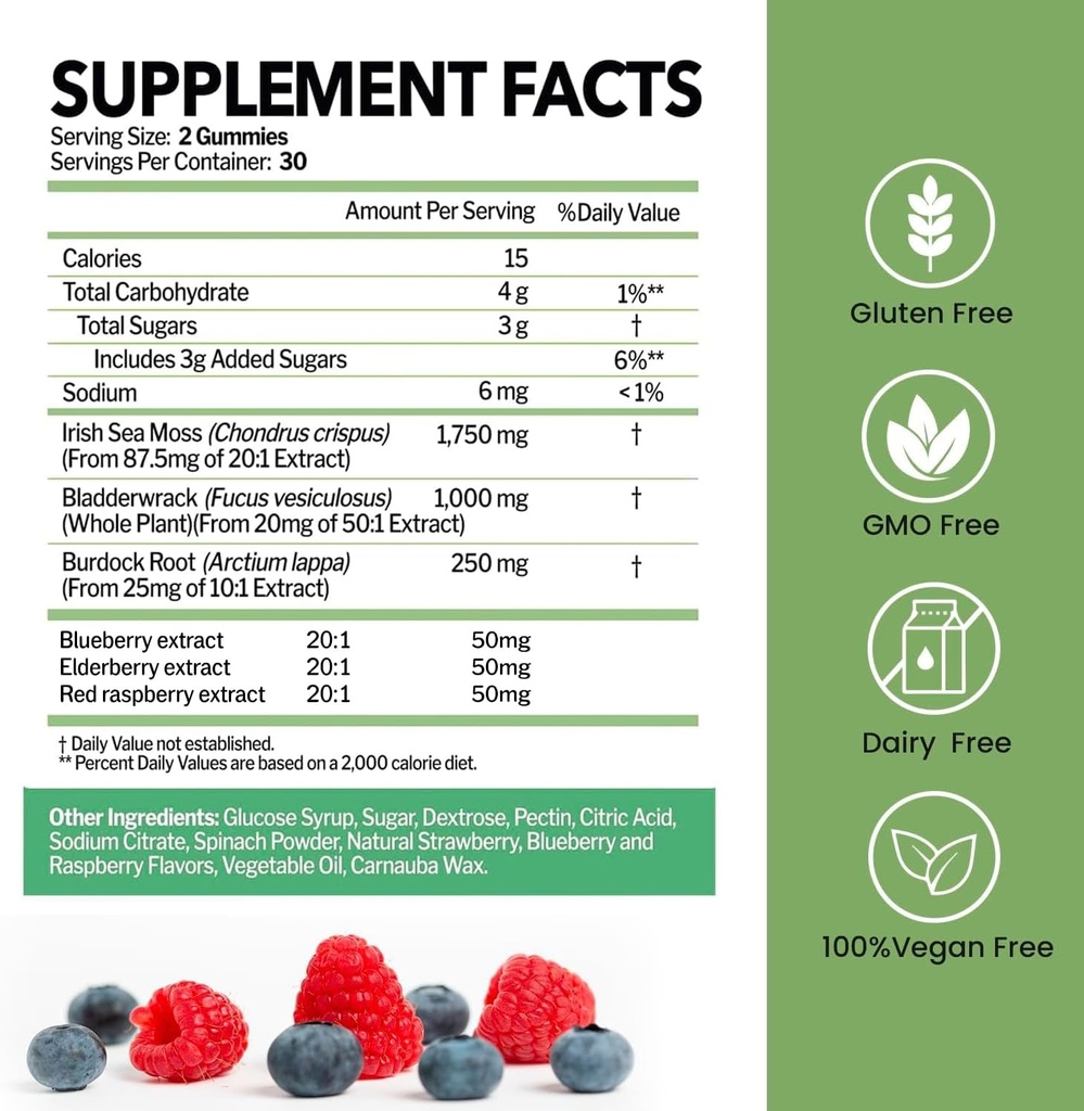 Sea Mosss Gummies with Bladderwrack ו Burdock Root | Wild Built Irish Sea Moss for Immune, Thyroid Support | 100% תוספי תזונה טבעונית | Non-GMO, Gluten-Free, Milk-Free | 60 מסטיקנים