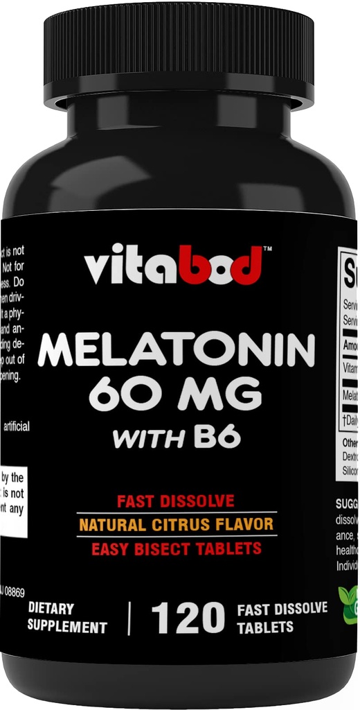 Melatonin 60 מ"ג עם ויטמין B6 - 120 טבליות במהירות dissolve תמיכה בשינה אקסטרה-Strength - תרופות חינם - טבעי Citrus Flavor - Vegetarian, non-GMO, Gluten-Free