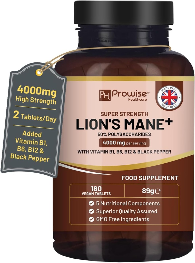 Lions Mane Mushroom תוסף 4000 מ"ג עם ויטמין B1, B6, B12 & Black Pepper - 180 Super Power Tablet עם 50% Polysaccharides (לא אבקה או קפסולות)