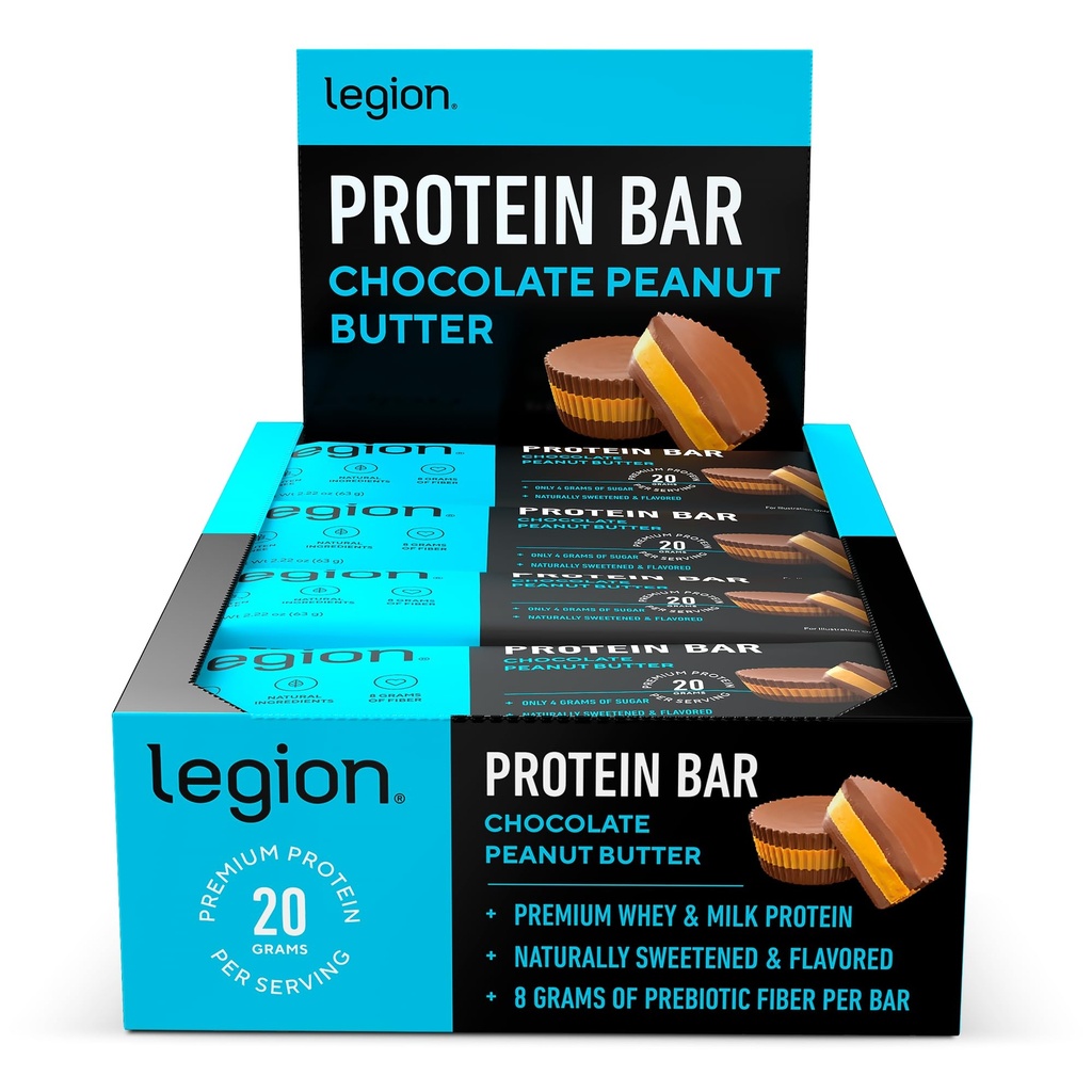 חלבון Legion Bar Chocolate Peanut Butter -100% חלבון Whey, Bared Bars with Prebiotic סיבים - גבוה חלבון (20 גרם) שומן נמוך (12g) סוכר נמוך (4g), No Soy, Gluten - Natural Flavors (12 Count)