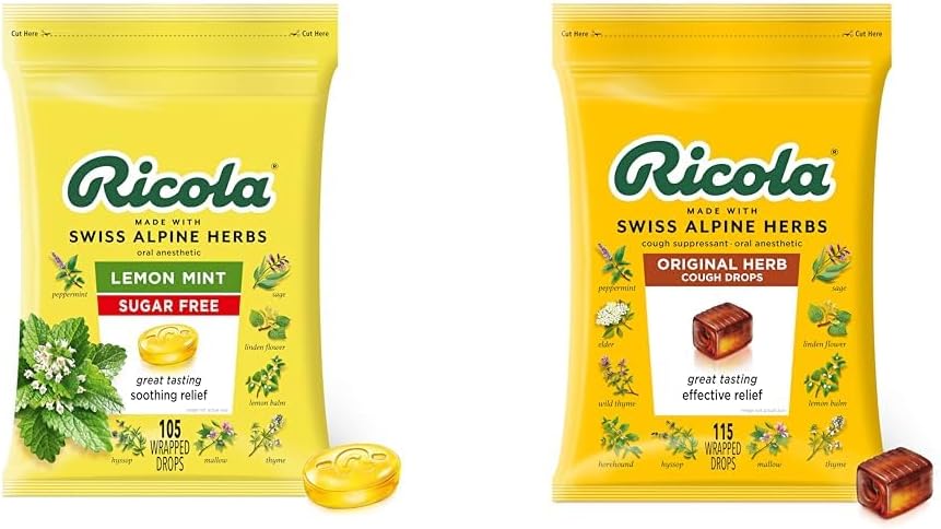 Ricola Sugar Free Lemon Mint Herbal Cough Suppressant גרון טיפות, 105ct Bag & Original Natural Herb Cough Drops, 115 Count, Cough Suppressant & גרון Relieving טיפות