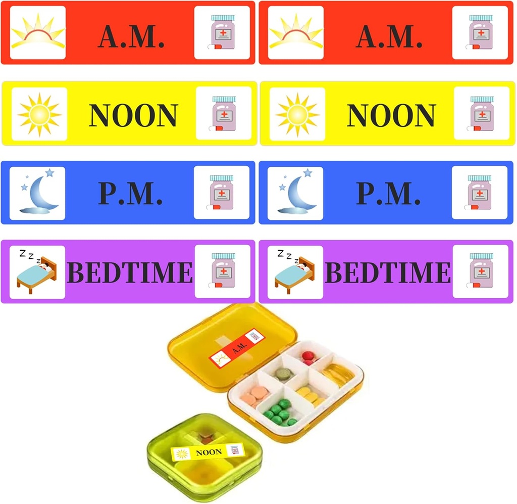 500 Pcs Medicine מדביקים תוויות הדרכה - Morning Noon Evening Bedtime מזכיר Sticker 2/5 x 1.6 Inch AM NOON PM עבור פפילות מקרה