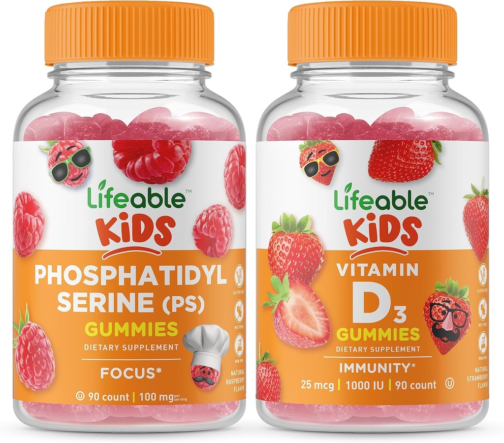 Lifeable Phosphatidylserine (PS) ילדים + ויטמין D ילדים, חניכיים Bundle - גדול Tasting, ויטמין תוסף, Gluten Free, GMO חינם, Chewable Gummymymy