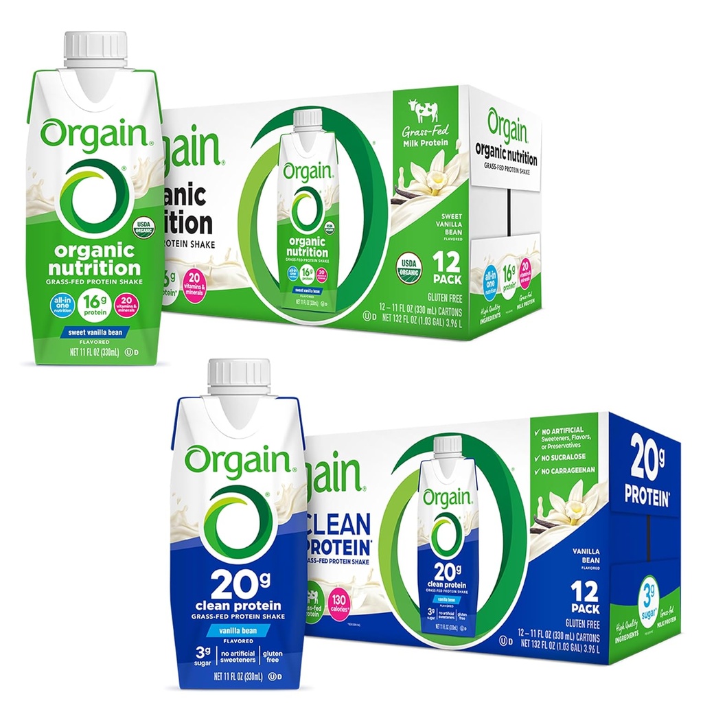 Orgain חלבונים Shakes Bundle - Grass פד Whey וחלבון חלב, Vanilla Flavored (12 Pack)