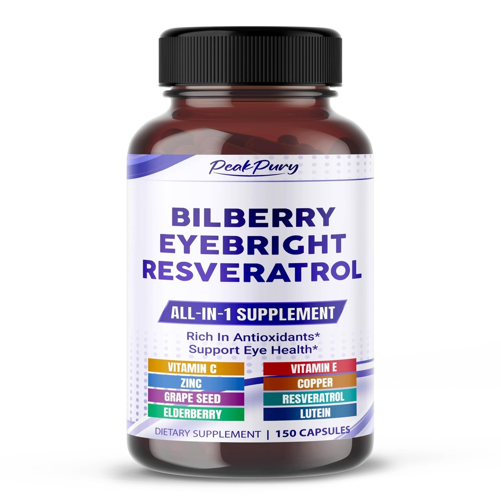 All-in-1 Bilberry Eyebright Astaxanthin Elderberry Resveratrol תוסף - Rich in Antioxidants & Supports Eye Health - Made in the USA -150 קפסולות