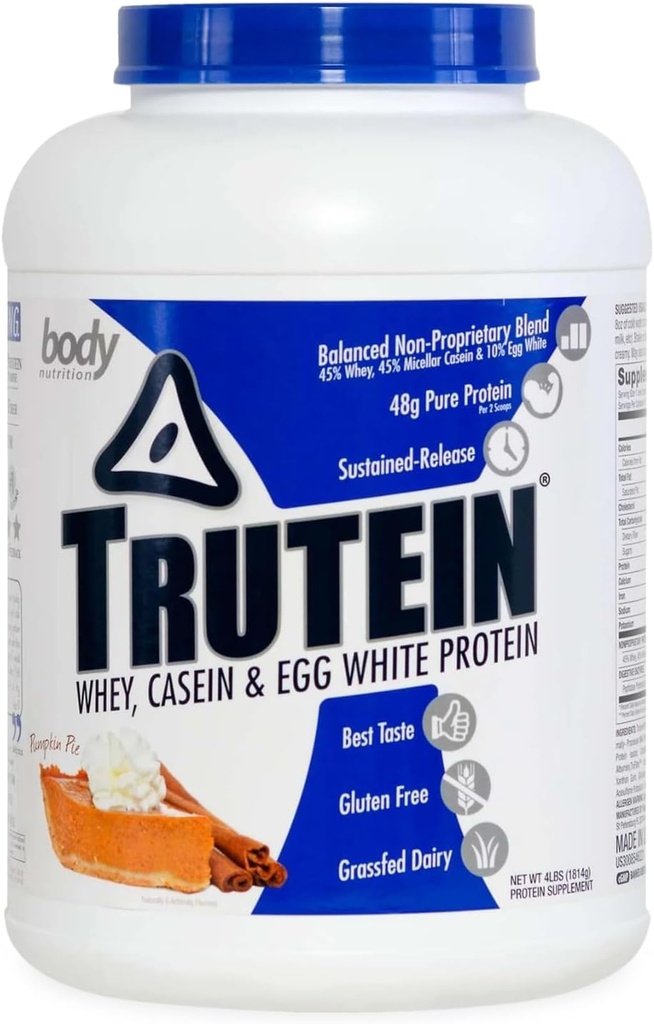 אבקת חלבון גבוהה גוף Trutein גבוה חלבון אבקה: 45% Whey, 45% מקרהין, 10% ביצה לבן, Gluten-Free, Low Sodium, Grass פד Whey חלבון אבקת, תוספת של התעמלות & ארוחת בוקר Shake, Pumpkin Pie, 4lb