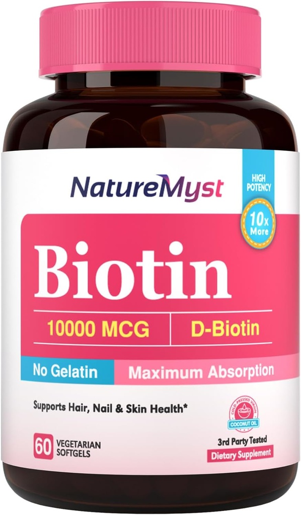Biotin 10000 mcg, עתיר גבוה, פעיל ביולוגית, שמן קוקוס דחוס קר עבור Absorption מקסימלית, No Gelatin, Hair, Nails, Skin, 60 Vegetarian Softgels