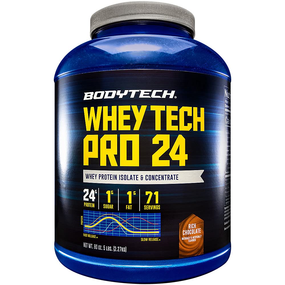 BODYTECH Whey Tech Pro24 אבקת חלבון - תהילת שוקולד עשיר לגידול שרירים ושיקום, מתן 24g של חלבון Per לשרת עבור כושר אופטימלי וביצועים (5lbs / 71 משרתים)