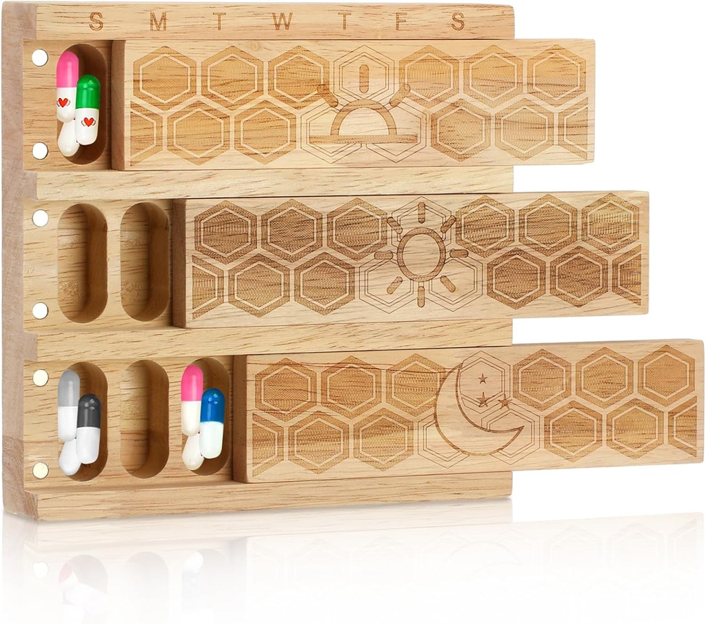 Hushee Wood Weekly Pill מארגנת 3 פעמים ביום 7 יום גדול תרופה Box Holder Daily Case Drug Case ויטמין Dispenser Pill Miner Fish Containers for Weekly Supplements Outside Travel